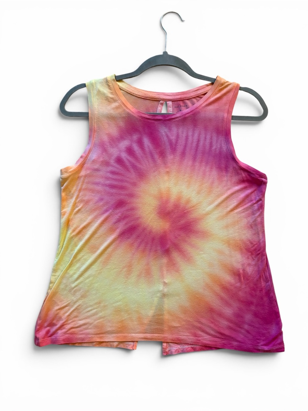 Halogen Pink and Orange Ombre Spiral Tie-Dye Short Sleeve Top